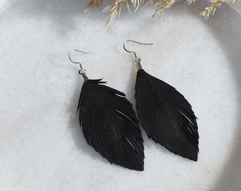 Leather Feather Earrings, Black Raven Feather Jewelry, Black Leather Jewelry, Fringe Earrings,