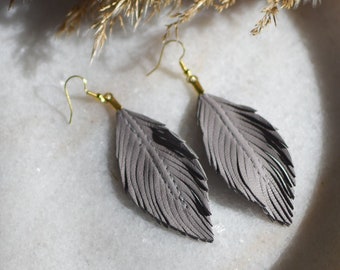 Leather Feather earrings, Grey Leather Feather Jewelry, Boho Leather Earrings, Feather Jewelry,