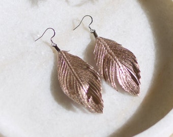 Feather Earrings, Rose Gold Metallic Leather Feather, Bohemian Leather Earrings, Rose Gold Earrings,