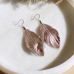 Feather Earrings, Rose Gold Metallic Leather Feather, Bohemian Leather Earrings, Rose Gold Earrings,