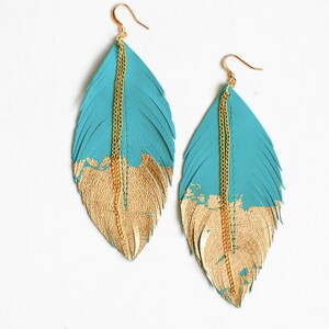 Turquoise Feather Necklace, Leather Feather Jewelry, Turquoise Jewelry, Feather Dipped in Gold image 2