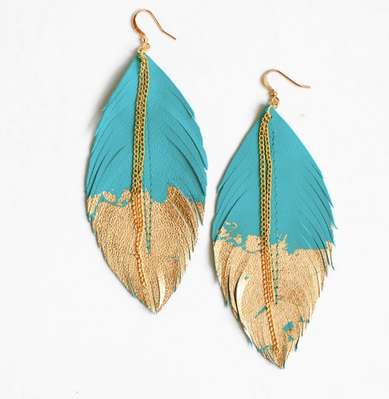 Turquoise Feather Necklace, Leather Feather Jewelry, Turquoise Jewelry, Feather Dipped in Gold image 2