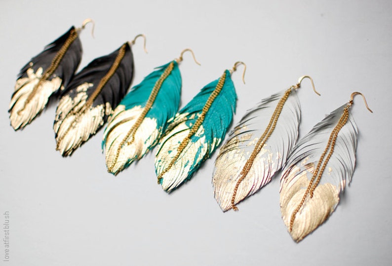 Feather Earrings, Gold Dipped Feather in White Leather, Bohemian Statement Leather Earrings, Boho Wedding Jewelry, Dangle Fringe Earrings image 3