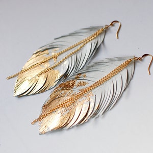 Feather Earrings, Gold Dipped Feather in White Leather, Bohemian Statement Leather Earrings, Boho Wedding Jewelry, Dangle Fringe Earrings