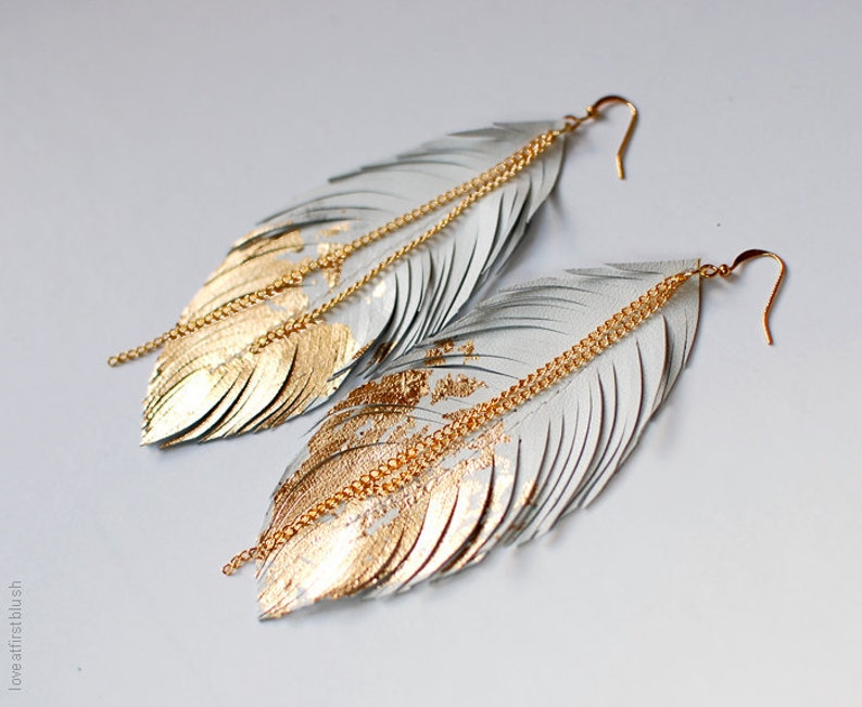 Feather Earrings, Gold Dipped Feather in White Leather, Bohemian Statement Leather Earrings, Boho Wedding Jewelry, Dangle Fringe Earrings image 1
