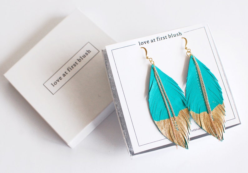 Feather Earrings Leather Feather Jewelry Dipped in Gold Turquoise Leather image 2