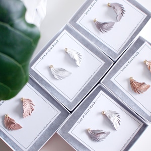 Feather Stud Earrings, Tiny Studs for Everyday Earrings, Leather Feather Studs, Silver Feather with Rhinestone Studs, Leaf Earrings