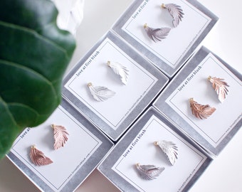 Feather Stud Earrings, Tiny Studs for Everyday Earrings, Leather Feather Studs, Silver Feather with Rhinestone Studs, Leaf Earrings