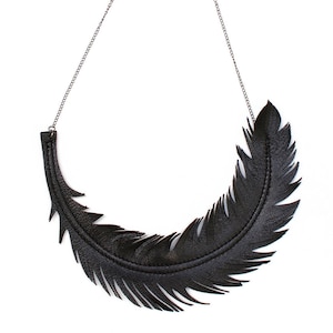 Black Feather Necklace, Leather Feather Jewelry, RAVEN Statement Bib Necklace, Boho Jewelry image 1