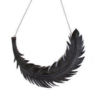 Black Feather Necklace, Leather Feather Jewelry, &quot;RAVEN&quot; Statement Bib Necklace, Boho Jewelry