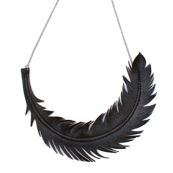 Black Feather Necklace, Leather Feather Jewelry, "RAVEN" Statement Bib Necklace, Boho Jewelry