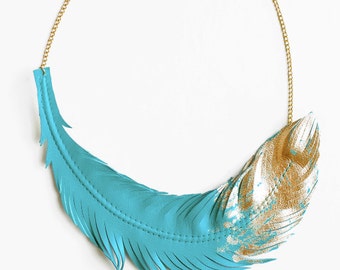 Turquoise Feather Necklace, Leather Feather Jewelry, Turquoise Jewelry, Feather Dipped in Gold