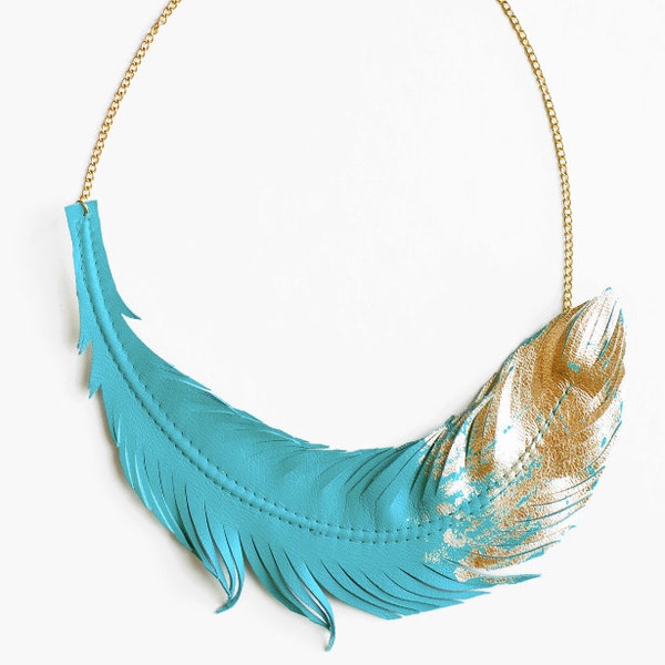 Turquoise Feather Necklace, Leather Feather Jewelry, Turquoise Jewelry, Feather Dipped in Gold
