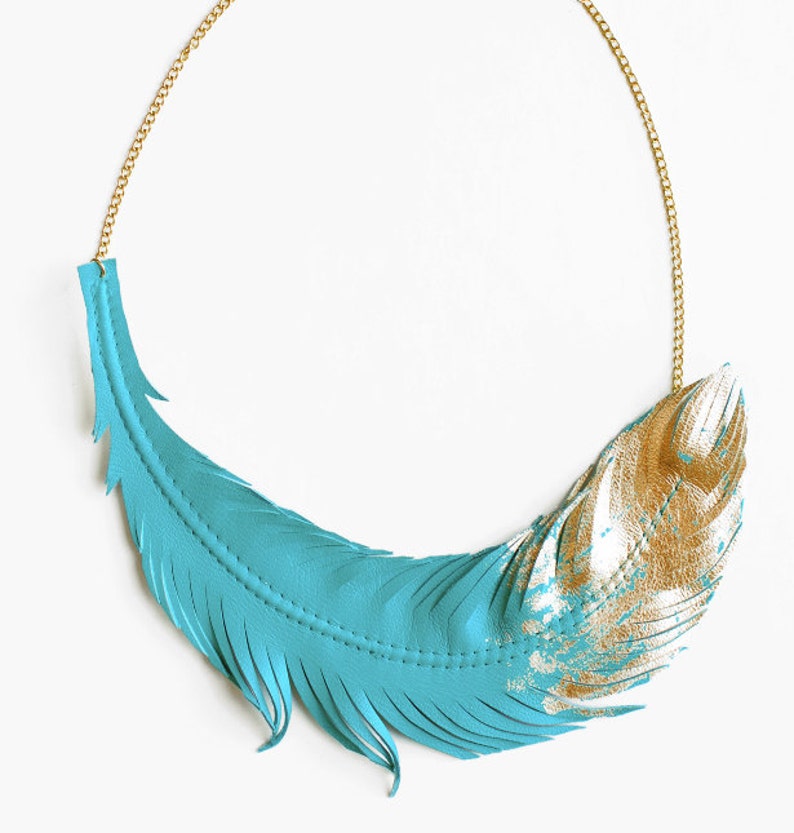 Turquoise Feather Necklace, Leather Feather Jewelry, Turquoise Jewelry, Feather Dipped in Gold image 1