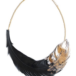 Black Feather Necklace, Gold Dipped Leather Feather jewelry, Artistic Statement Fringe Necklace