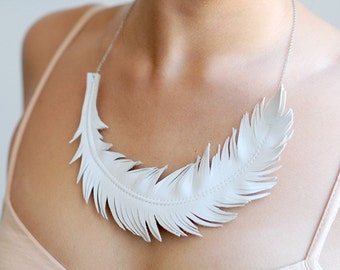 Leather Feather Necklace, Ivory White Feather Jewelry , Swan Statement Necklace