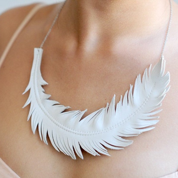 Leather Feather Necklace, Ivory White Feather Jewelry , Swan Statement Necklace