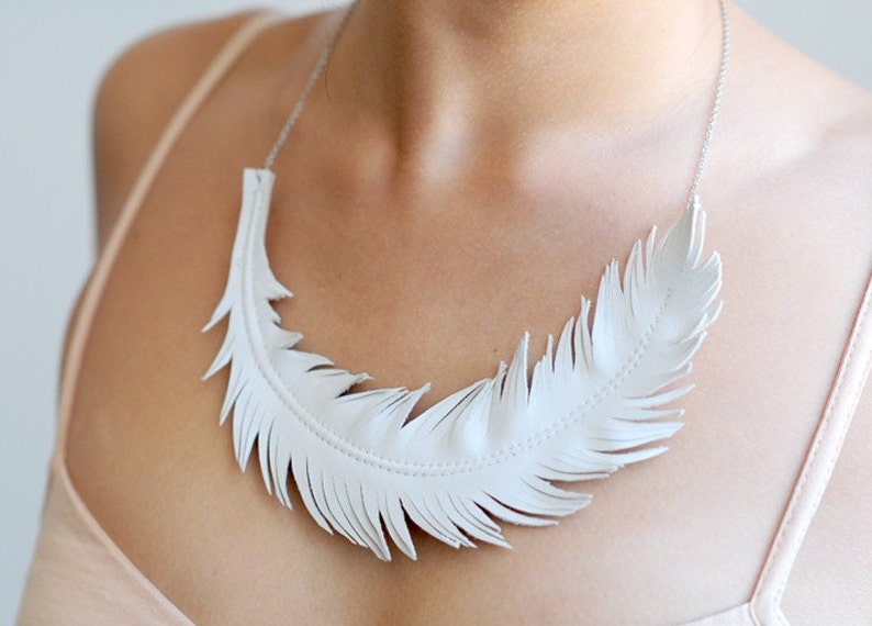 Leather Feather Necklace, Ivory White Feather Jewelry , Swan Statement Necklace image 1