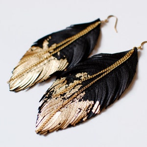 Leather Feather Earrings Black Leather Dipped in Gold Black Raven Feather Jewellery image 1