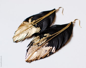 Leather Feather Earrings - Black Leather Dipped in Gold - Black Raven Feather Jewellery