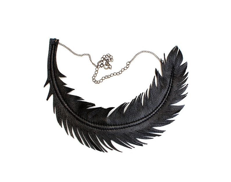 Black Feather Necklace, Leather Feather Jewelry, RAVEN Statement Bib Necklace, Boho Jewelry image 3