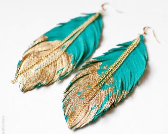 Feather Earrings - Leather Feather Jewelry - Dipped in Gold - Turquoise Leather