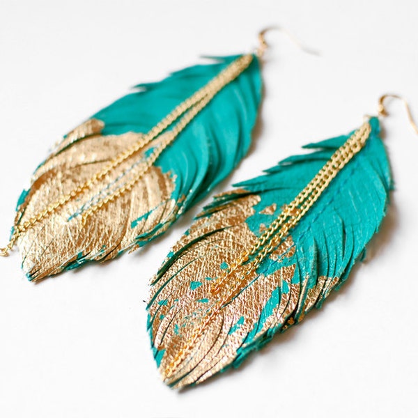 Feather Earrings - Leather Feather Jewelry - Dipped in Gold - Turquoise Leather