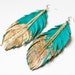 Feather Earrings - Leather Feather Jewelry - Dipped in Gold - Turquoise Leather 