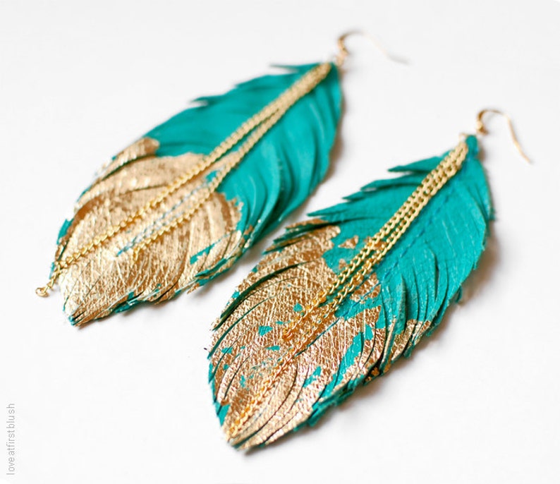 Feather Earrings - Leather Feather Jewelry - Dipped in Gold - Turquoise Leather 