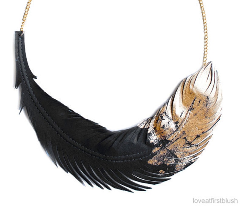 Black Feather Necklace Gold Dipped Leather Feather Jewelry Etsy