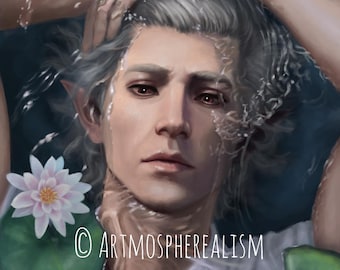 Astarion 'water lily' art print digital drawing portrait painting Baldur's Gate 3 digital portrait fan art drawing