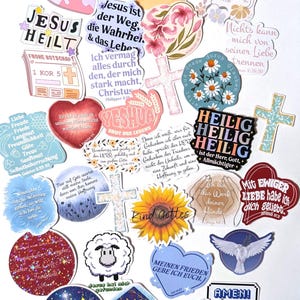 großes 32-teiliges Stickerset mit Bibelversen, christlichen Motiven Aufkleber deutsch gezeichnet Jesus Glaube Bibel