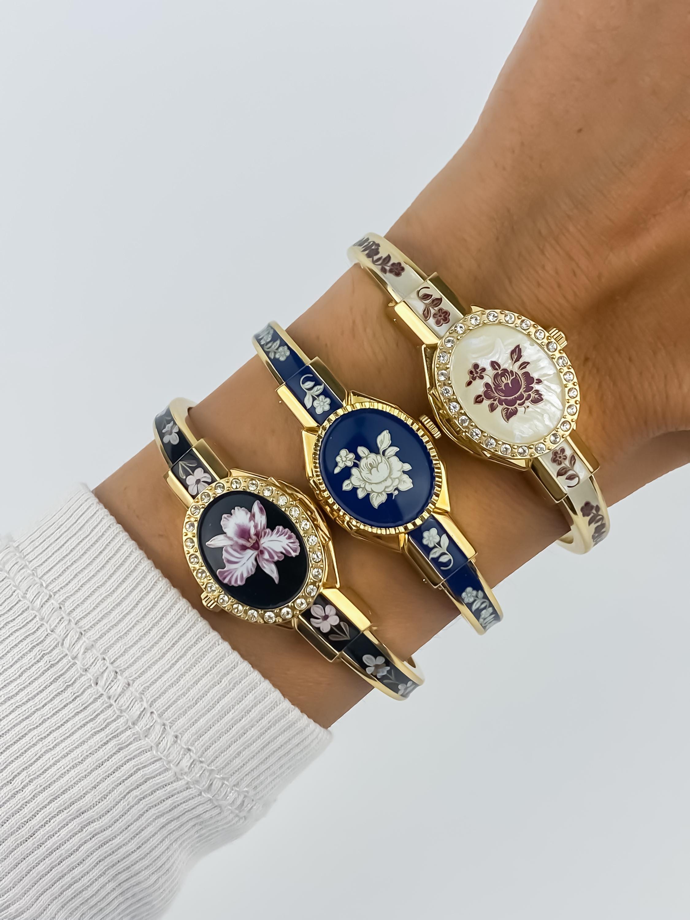 Andre Mouche ブレスレットウォッチ フローラル エナメル ストーン