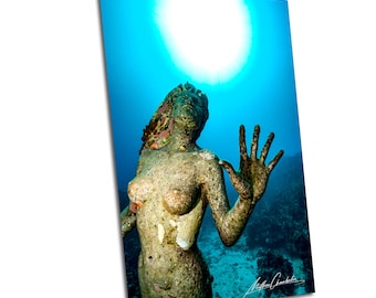 Underwater Mermaid Statue Canvas Print, Beach House Decor