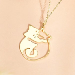 14k Gold Necklace, Hugging Cats Necklace, Cats Minimalist Pendant, Cuddling Cute Cats, Cats Lover Gift, Xmas Gift, Pet Gift, Funny Cat Charm
