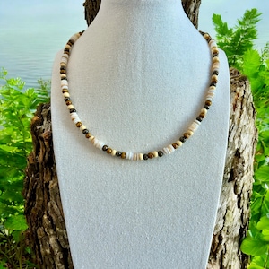 Puka Shell And Multi Color Wood Bead Necklace • Hawaiian Beads Necklace • Puka Shell Jewelry • Shell Bead Necklace
