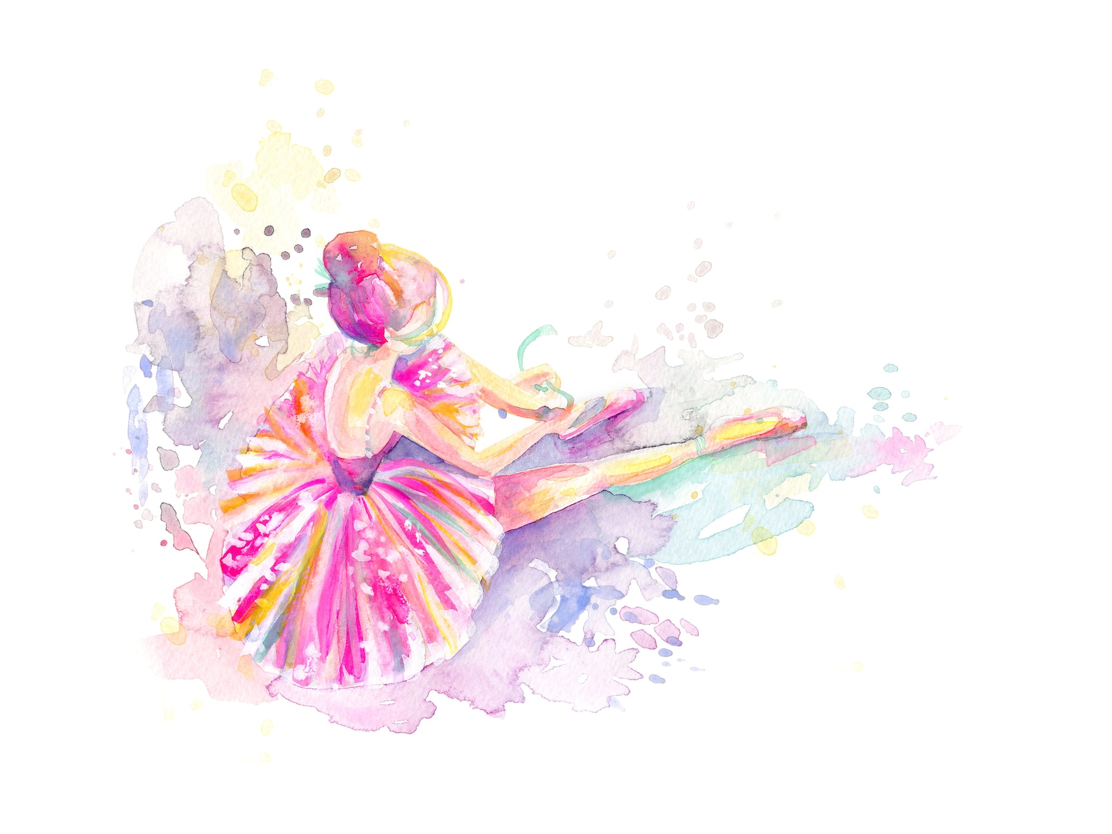 ballerina tying pointe shoes - print, ballet, watercolor painting, spatter painting, girl art, nursery art, tutu art