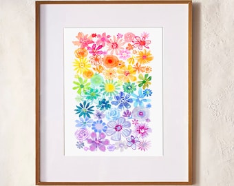 Rainbow Blooms - PRINT - watercolor painting, paper print, colorful print, cheerful print, flowers, doodles, whimsy, rainbow