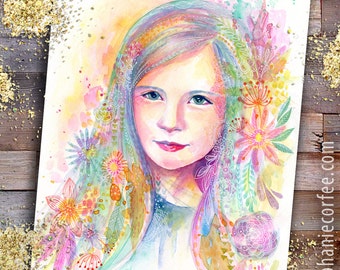 Whimsical Watercolor Child Portraits - kids portrait,  Baby Portrait, fairy Portrait, Keepsake Portrait, colorful Portrait, flower portrait