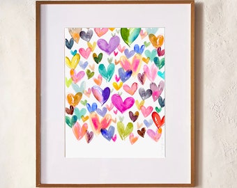 Juvi Hearts BRIGHT - PRINT - watercolor painting, paper print, colorful print, cheerful print, hearts, love