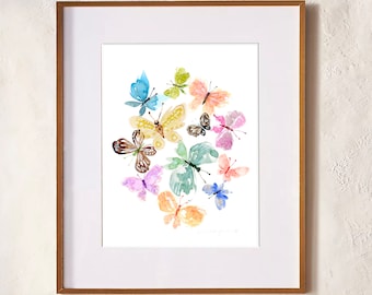 TWELVE Butterflies - PRINT  watercolor painting, paper print, colorful print, cheerful print, butterfly, wings