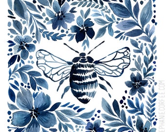 Floral-Border Bumblebee - PRINT, bee, honeybee, flowers, watercolor, indigo, monochrome art