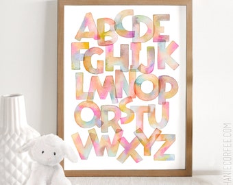 SunCatcher Alphabet - PRINT  watercolor painting, paper print, colorful print, cheerful print, ABCs, Alphabet, playroom, kids room art