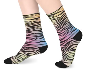 Listradas com estilo! Meias com estampa de zebra vibrantes - divertidas, aconchegantes e modernas. Destaque-se com listras! Meias vibrantes de comprimento médio - um presente exclusivo para ela.