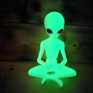 May include: A green glow-in-the-dark alien figurine sitting in a meditative pose with its hands in its lap.