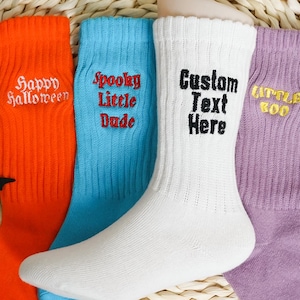 Custom Halloween Text Kids Socks, Personalized Baby Socks, Embroidered Cotton Crew Socks, Kids Halloween Gift, Party Favors, Toddlers Gift