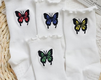 Embroidery Butterfly Ruffle Pilates Socks, Non Slip Trainer Socks, Yoga Lover Gift