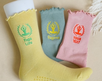 Custom Text Ruffle Yoga Socks, Non Slip Women Cotton Socks, Gift for Pilates Lover