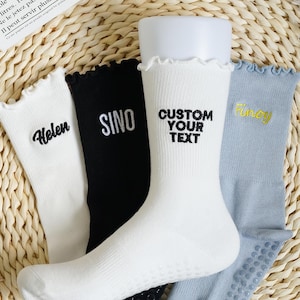 Custom Name Pilates Socks With Ruffle, Personalized Women Yoga Socks, Embroidered  Non Slip Cotton Socks, Yoga Teacher Gift, Gift for Women