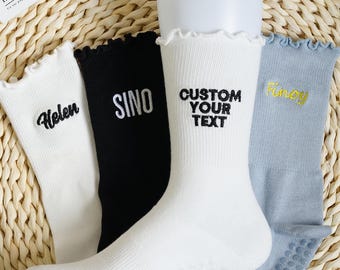Custom Embroidered Pilates Socks with Ruffle, Personalized Yoga Gift